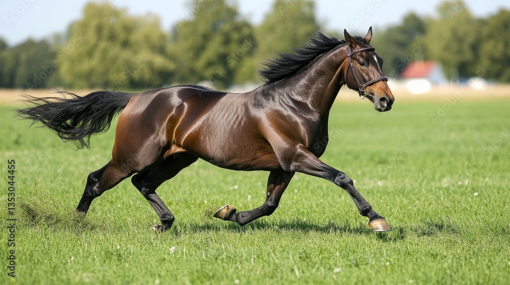 Fototapeta premium A dark bay horse sprinting through a vast green pasture, kicking up small tufts of grass