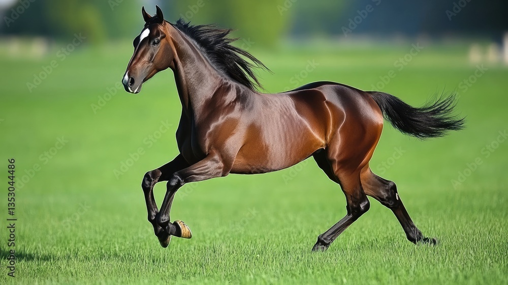 A dark brown mare sprinting across an open meadow with soft-focus green tones A dark brown mare sprinting across an open meadow with soft-focus green tones
