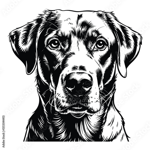 Realistic Labrador Dog Head Silhouette – Pet Art Design, Detailed Black and White Labrador Retriever Face Vector Illustration, Intricate Labrador Retriever Portrait – High-Contrast Vector Art, Dog