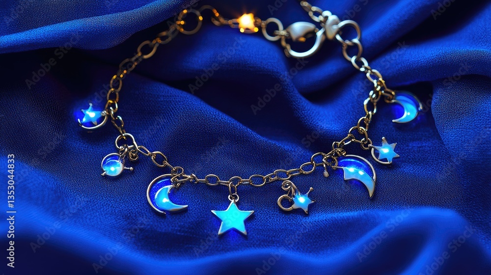 A delicate celestial-themed charm bracelet glowing softly on a midnight sky blue background A delicate celestial-themed charm bracelet glowing softly on a midnight sky blue background