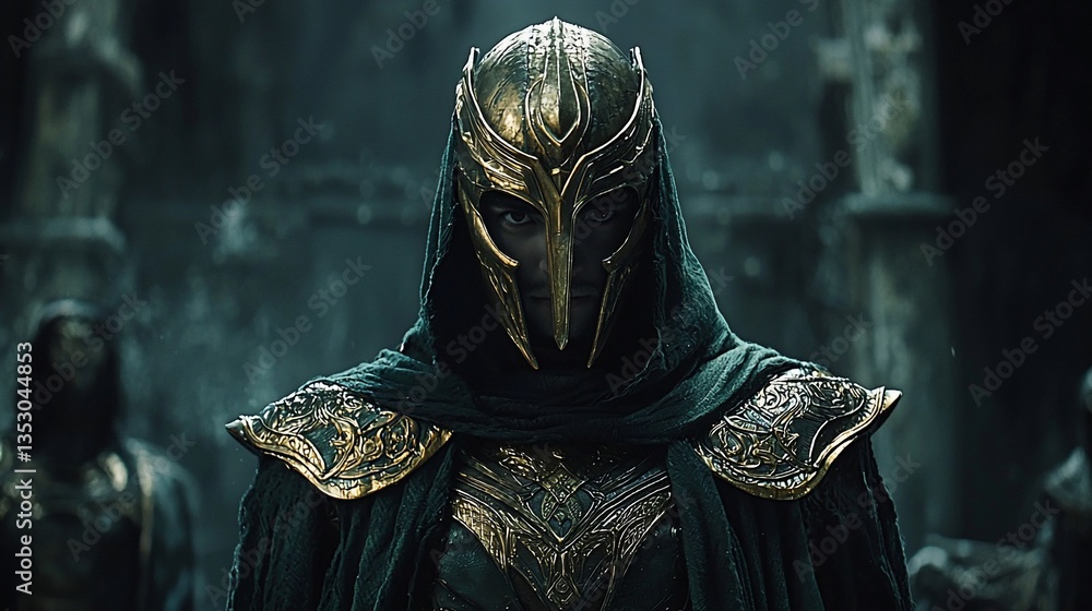Dark fantasy warrior in golden helmet and cloak.