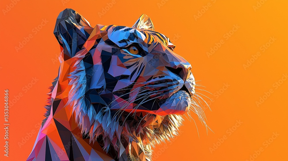 Low-poly tiger portrait, orange background.