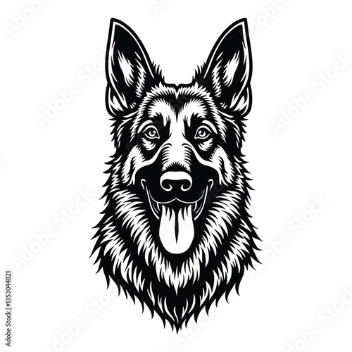 High-Quality German Shepherd Silhouette for T-Shirts and Tattoos, Stylized German Shepherd Dog Head Logo Design, Detailed Black and White German Shepherd Vector Illustration