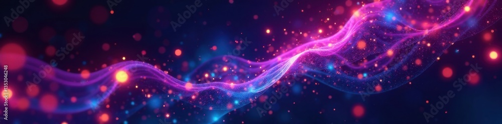 Fototapeta premium Swirling abstract technology particles suspended in a dark mesh background with vibrant neon lights , mesh, neon