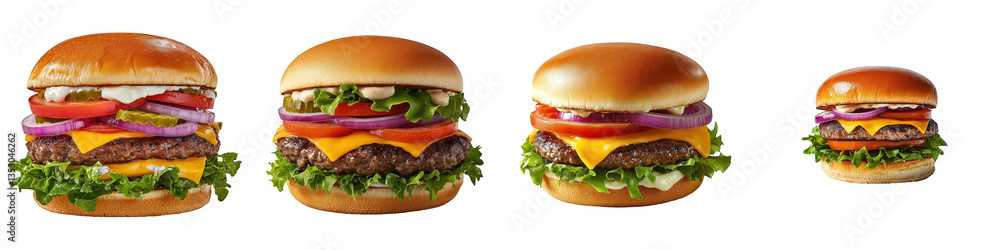 Burger size variations double stack to bitesized with cheese, lettuce, tomato, onions and pickles. Burger size variations double stack to bitesized with cheese, lettuce, tomato, onions and pickles.