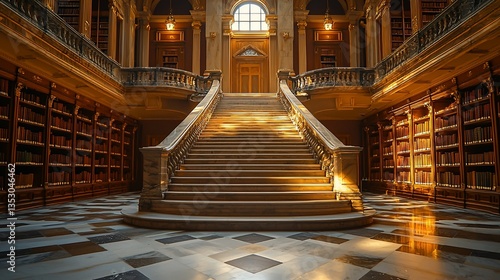 Grand staircase in a sunlit classical library.
