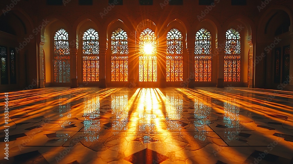Sunbeams through stained-glass windows in a grand hall.