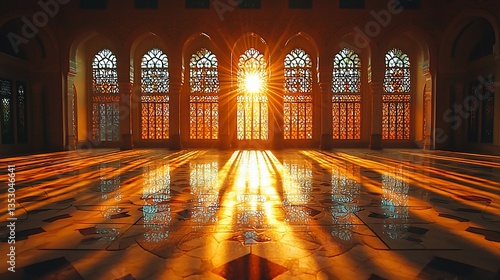 Obraz na płótnie Sunbeams through stained-glass windows in a grand hall. w salonie