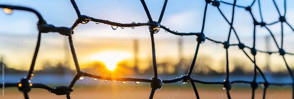 A net with raindrops on it. The net is blue and white. The raindrops are small and clear A net with raindrops on it. The net is blue and white. The raindrops are small and clear