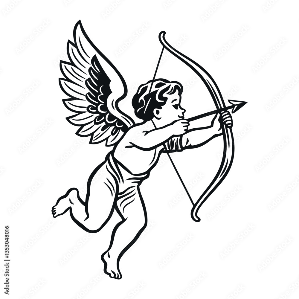 Cartoon cupid with bow and arrow silhouette in a fun, heart-themed illustration for Valentine's Day Cartoon cupid with bow and arrow silhouette in a fun, heart-themed illustration for Valentine's Day