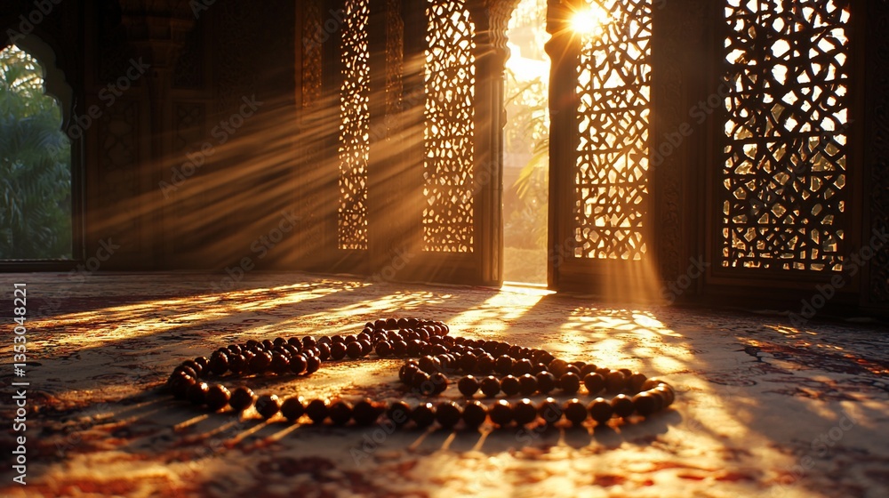 Sunbeams illuminate a prayer room with prayer beads.