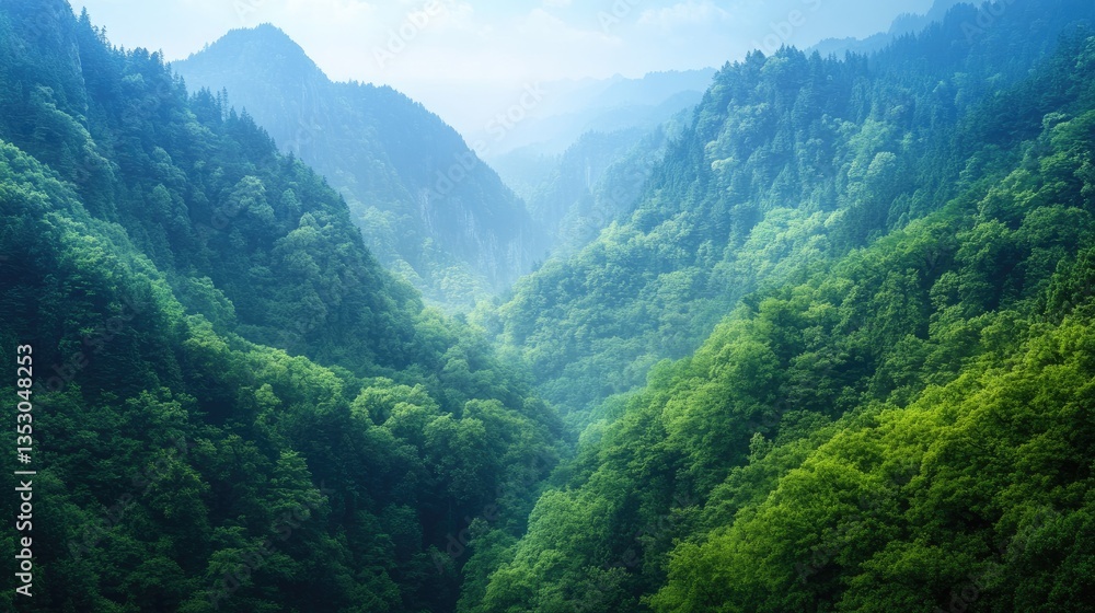 A majestic mountain range covered in dense evergreen forests, stretching into the horizon A majestic mountain range covered in dense evergreen forests, stretching into the horizon