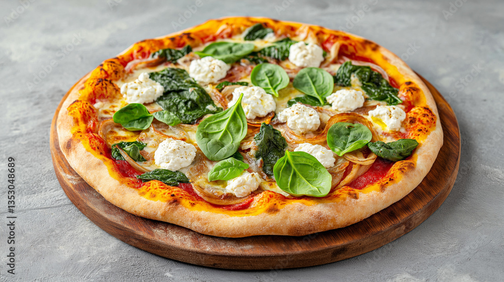 Rustic whole spinach and ricotta pizza on wooden board against gray background Rustic whole spinach and ricotta pizza on wooden board against gray background