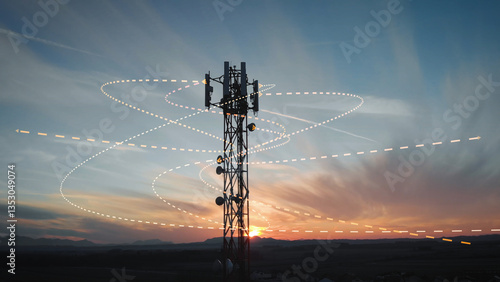 Cuadro en lienzo Sunset view of a base station tower with a 3D graphic overlay of signal waves em