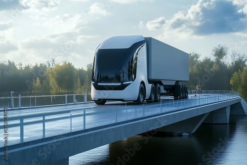 Futuristic Autonomous Electric Semi Truck Crossing a Bridge over Water