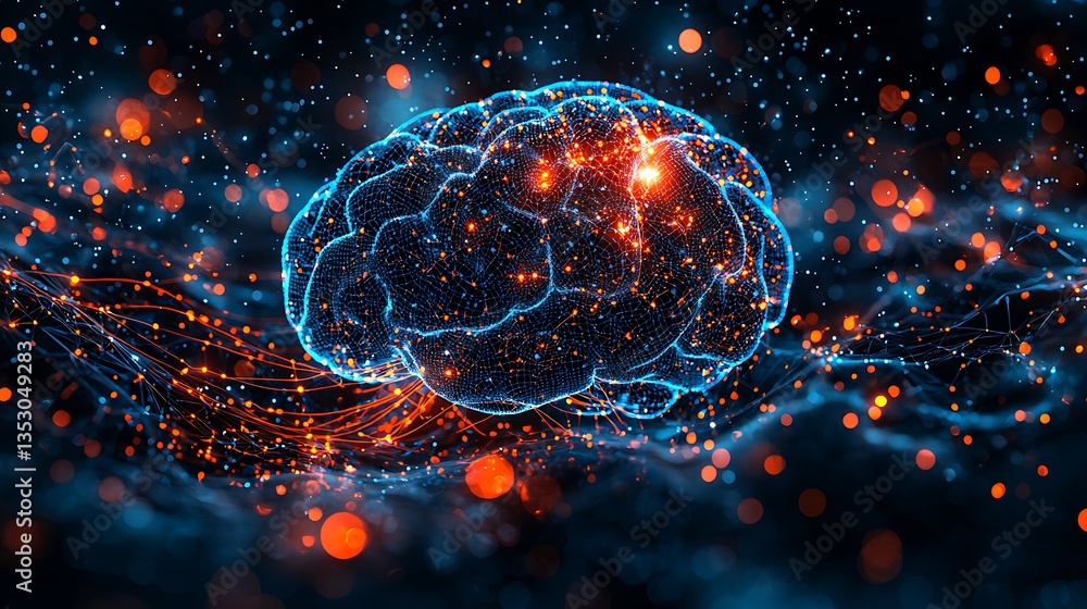 Glowing digital brain with neural network.
