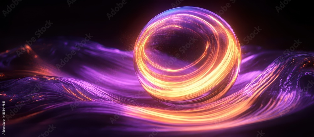 A 3D rendering of a glowing glass sphere with purple and orange light effects, casting soft glows on the surface A 3D rendering of a glowing glass sphere with purple and orange light effects, casting soft glows on the surface