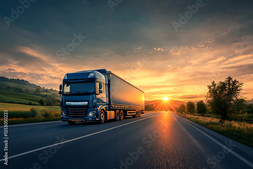 Majestic Sunset View of a DAF Truck Driving on a Scenic Highway