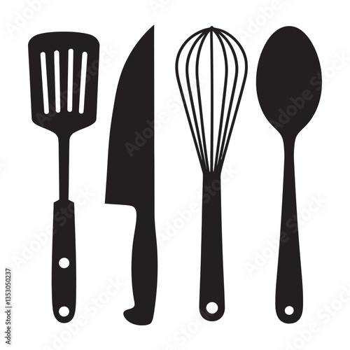 Kitchen utensils cooking tools spatula knife whisk spoon culinary equipment food preparation kitchenware silhouette