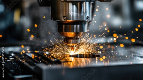 A precision CNC machining factory with glowing sparks on a gray background
