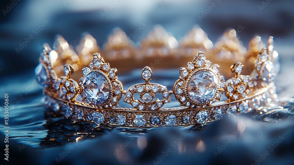 Golden jeweled crown floating on water.