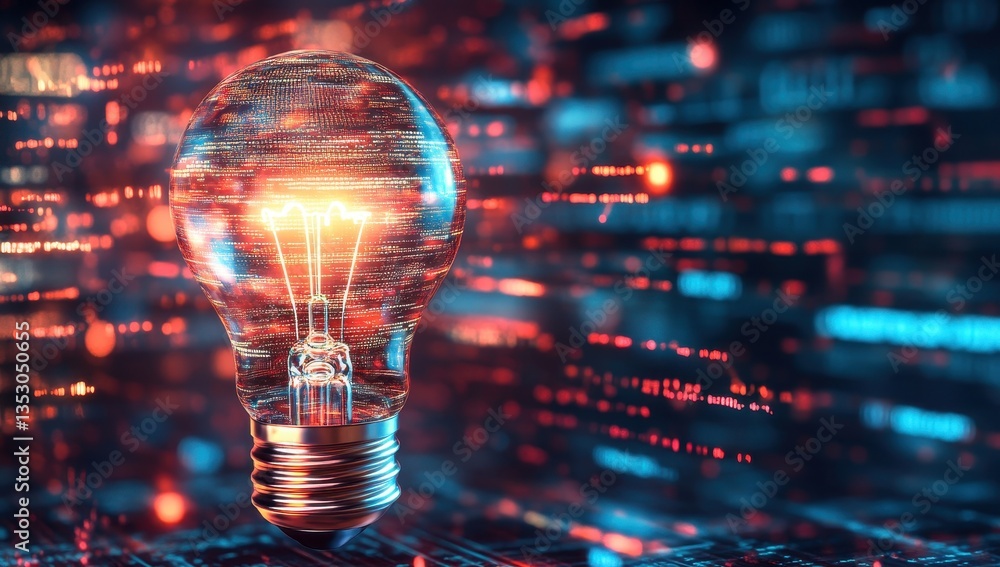 Digital Light Bulb Glowing in Abstract Background with Colorful Data Patterns, Representing Technology and Innovation in Modern Design Concepts Digital Light Bulb Glowing in Abstract Background with Colorful Data Patterns, Representing Technology and Innovation in Modern Design Concepts