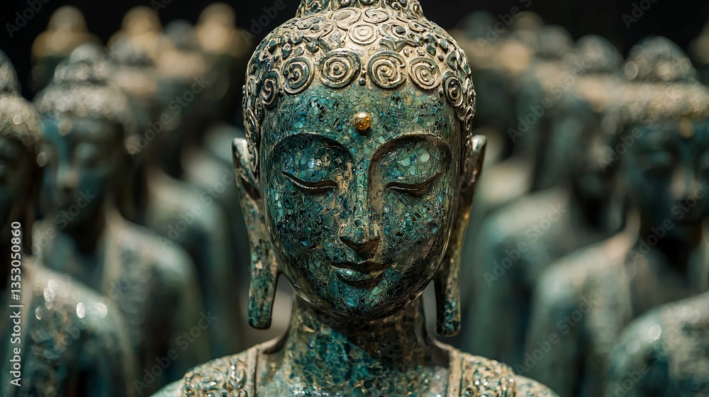 Close-up of serene turquoise Buddha statue amongst others.