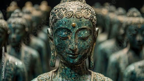 Close-up of serene turquoise Buddha statue amongst others.