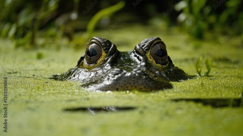 Close-up alligator head in swampy water with vegetation Close-up alligator head in swampy water with vegetation