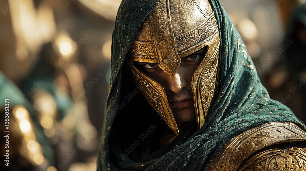 Close-up portrait of a warrior in golden helmet and dark green hood.