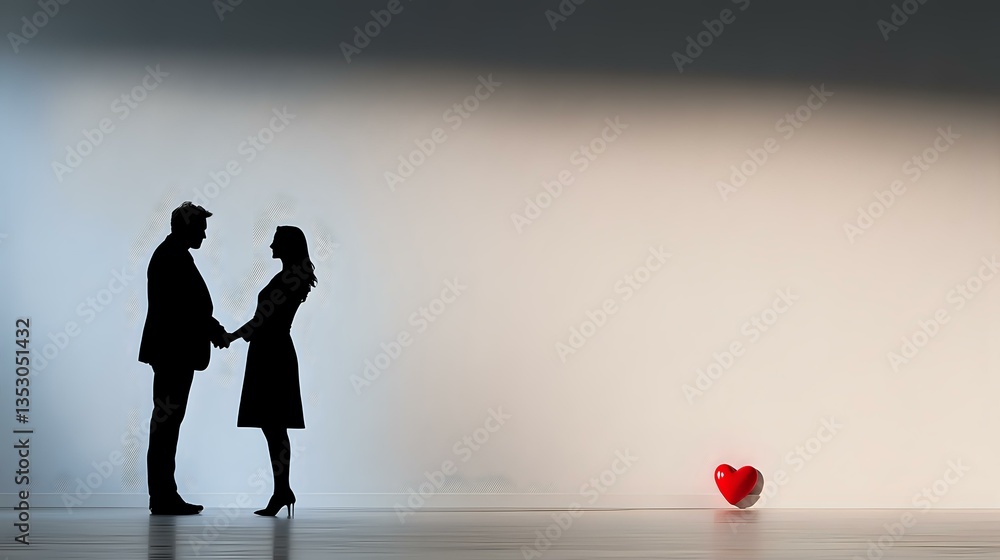 Obraz premium Silhouette of couple holding hands with red heart shape on floor, romantic minimalist scene against light gradient background. Love story concept.