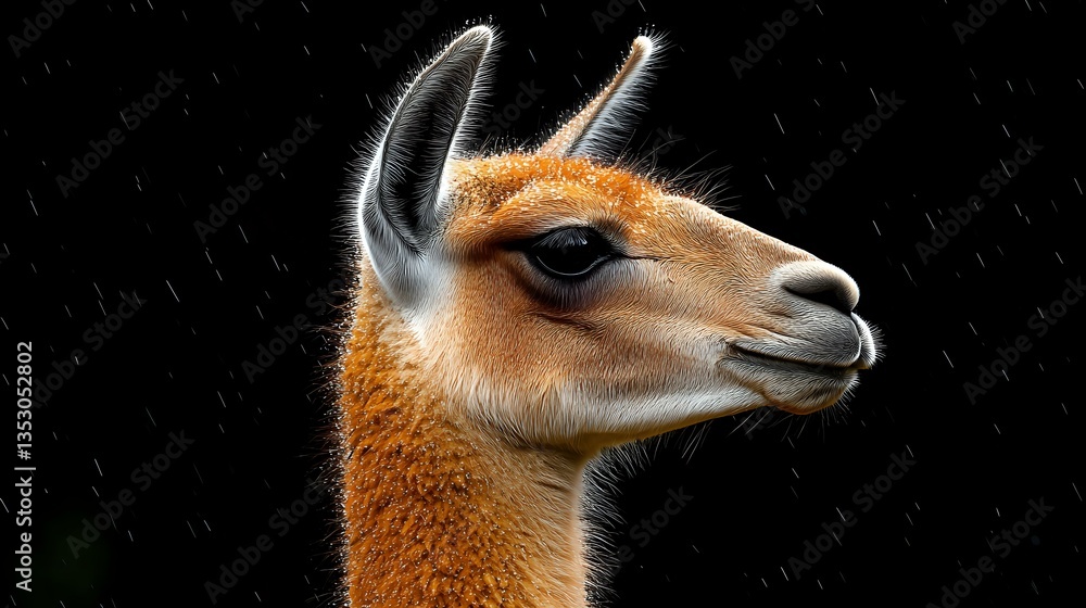 Fototapeta premium Majestic guanaco head portrait against dark background showcasing distinctive profile, reddish-brown fur, and alert expression of South American camelid species.