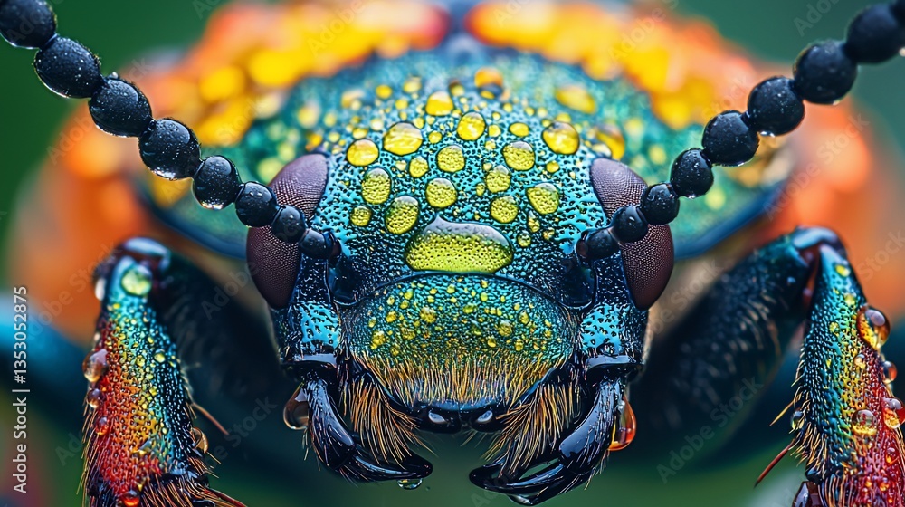 Close-up of a vibrant jeweled beetle covered in water droplets.