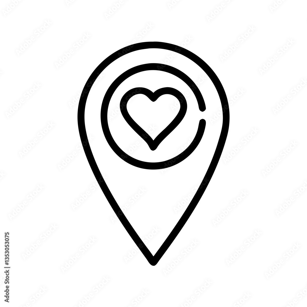Fototapeta premium Love location, Location pin with heart shape. Favorite places outline icon, isolated vector illustration
