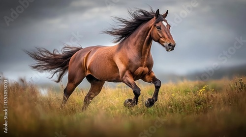 A stunning Arabian horse running across a wind-swept grassland, mane flowing dramatically