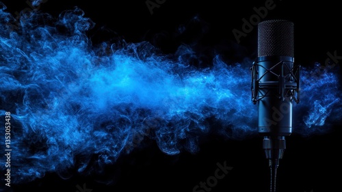 Microphone amidst vibrant blue smoke