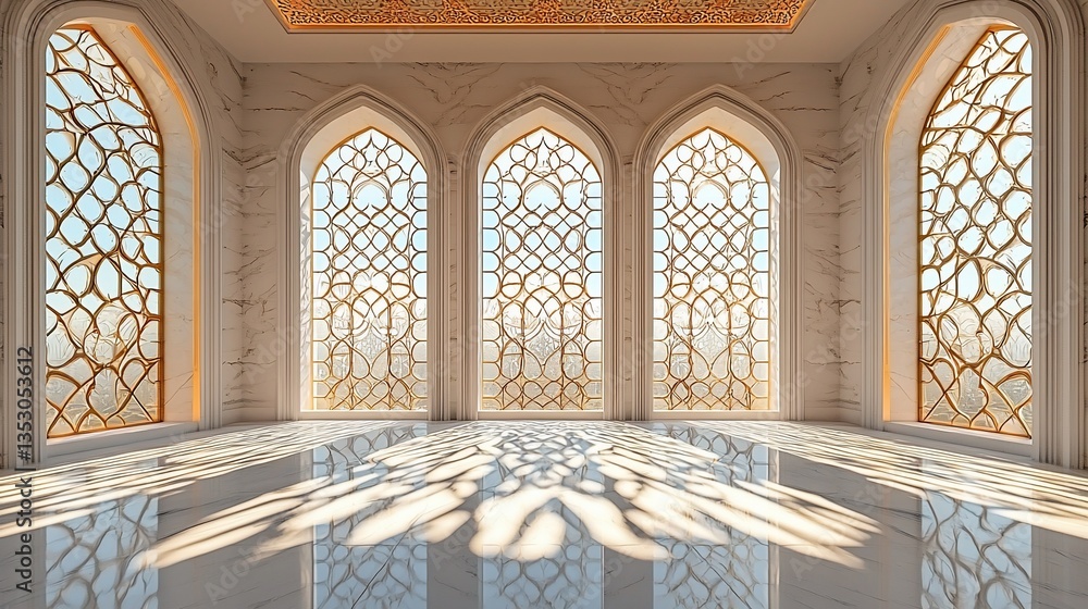 Sunlit interior with ornate arched windows and marble floor.