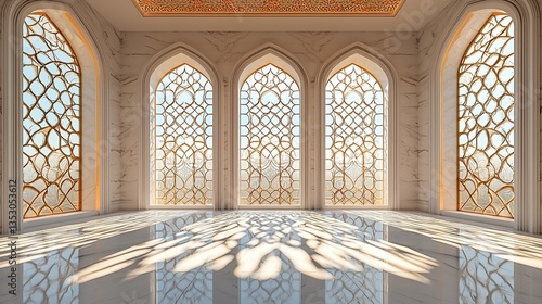 Obraz na płótnie Sunlit interior with ornate arched windows and marble floor. w salonie