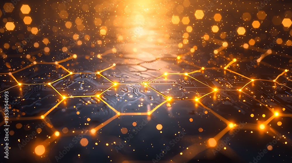 Abstract golden network on dark surface.