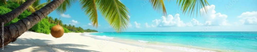 A lone coconut falls from a swaying palm tree onto a tranquil sandy beach with calm turquoise waters , palm fronds, blue ocean A lone coconut falls from a swaying palm tree onto a tranquil sandy beach with calm turquoise waters , palm fronds, blue ocean