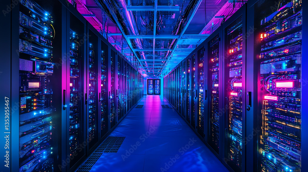 Colorful server room with glowing lights in a data center Colorful server room with glowing lights in a data center