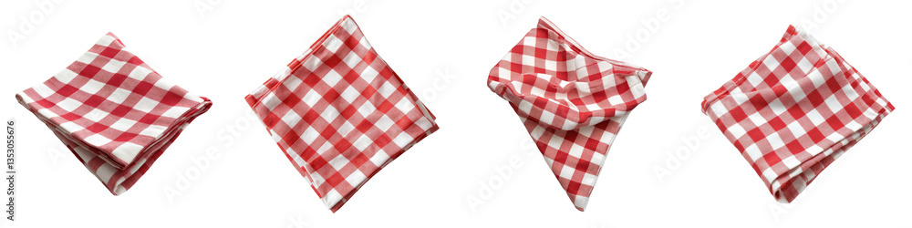 Red and white checkered napkins folded in varied styles classic table linens fabric squares textile details showing different arrangements. Red and white checkered napkins folded in varied styles classic table linens fabric squares textile details showing different arrangements.