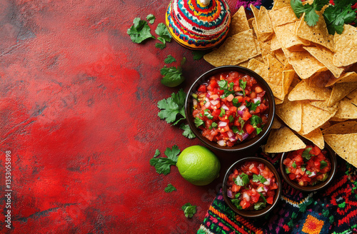 Mexican Fiesta with Salsa and Nachos on Red