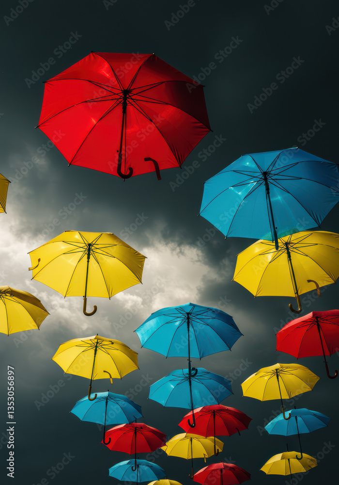Obraz premium Colorful Urban Parasol Installation: Red, Blue, and Yellow Umbrellas Painting the Sky with Creative Drama and Vibrant Contrast