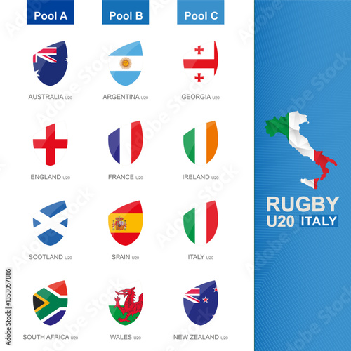 Flags in Rugby style sorted by pool for U20 rugby competition in Italy, rugby icon set.