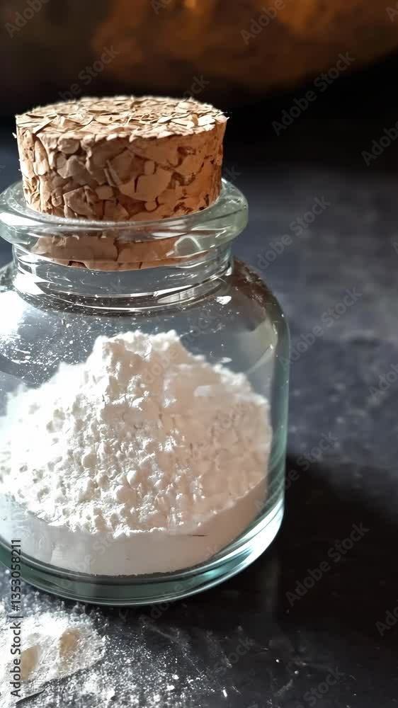 White powder in a glass jar with a cork lid resting on a dark surface reflecting soft light White powder in a glass jar with a cork lid resting on a dark surface reflecting soft light