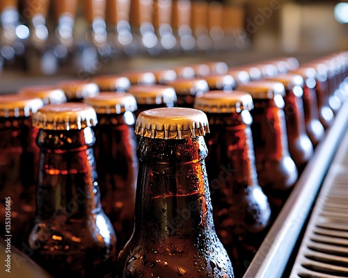 Brown bottles of beverage are lined up in a row