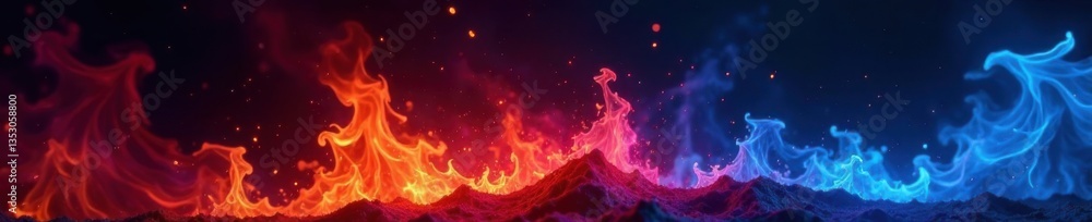 Fototapeta premium Blazing pyre with vibrant red and blue hues on black canvas, artwork, red