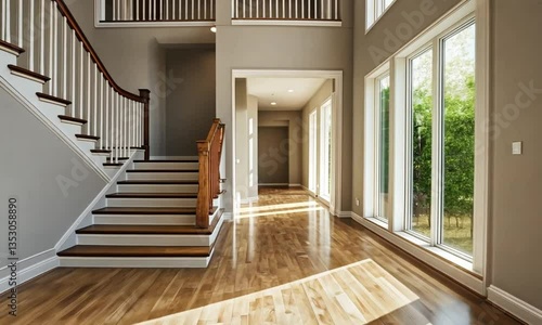 Sunlit Luxury Home Interior: Grand Staircase and Hardwood Floors
