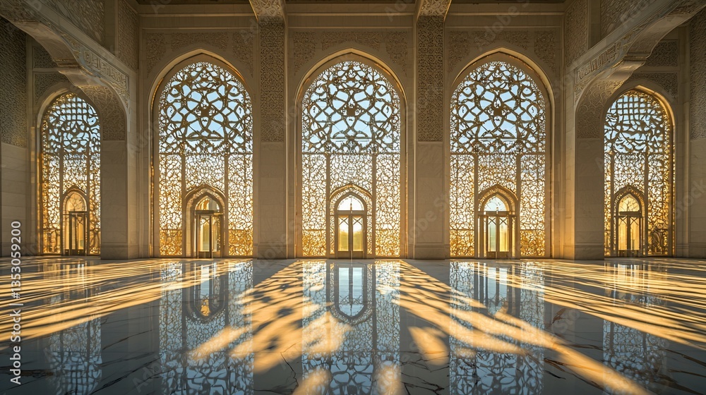 Sunlit Islamic architecture interior with ornate arches and marble floor.